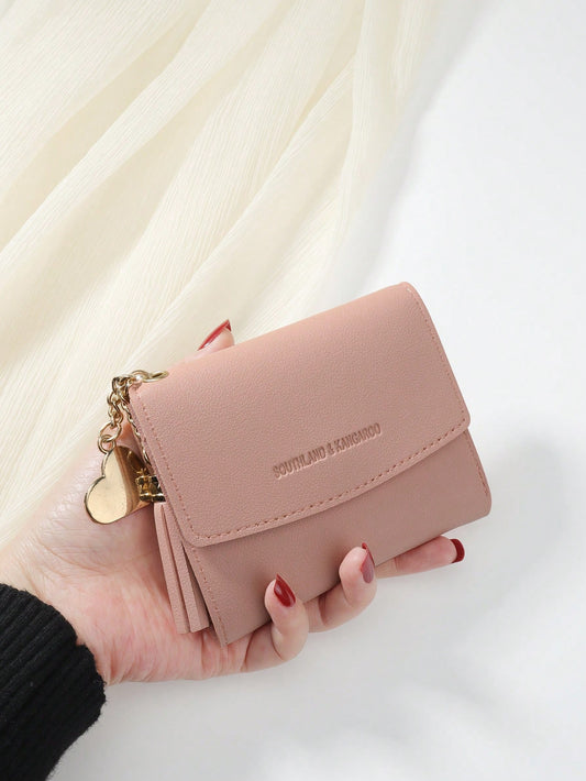 SOUTHLAND&KANGAROO Light Pink Metal Heart Tassel Decor Coin Purse, Compact Foldable Women's Wallet, Mini Lightweight Simple Fashion Modern Business Style, Suitable For Anniversary, Valentine's Day, Bi