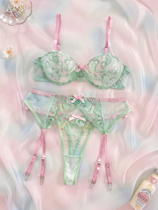 Spicy Aura 3pcs Colorful Girls Embroidered Lingerie Set