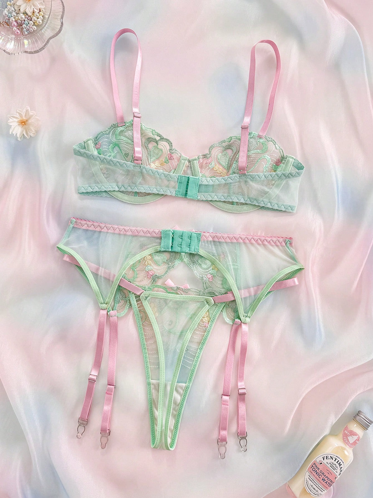 Spicy Aura 3pcs Colorful Girls Embroidered Lingerie Set