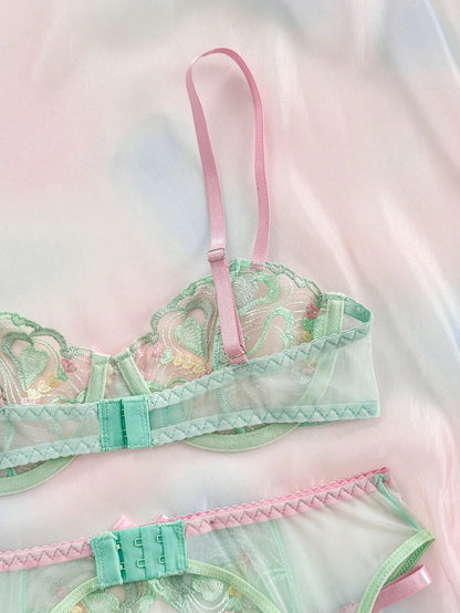 Spicy Aura 3pcs Colorful Girls Embroidered Lingerie Set