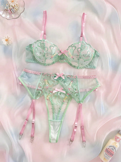 Spicy Aura 3pcs Colorful Girls Embroidered Lingerie Set