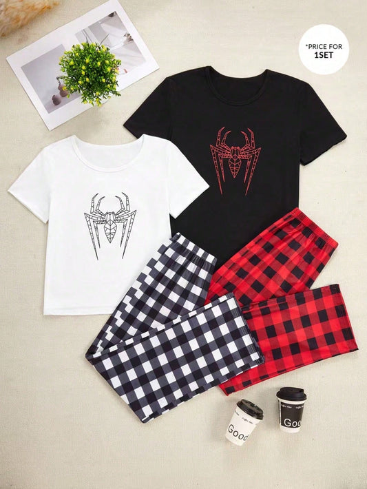 Spider Print Short Sleeve Top And Plaid Pants Men Pajama Set