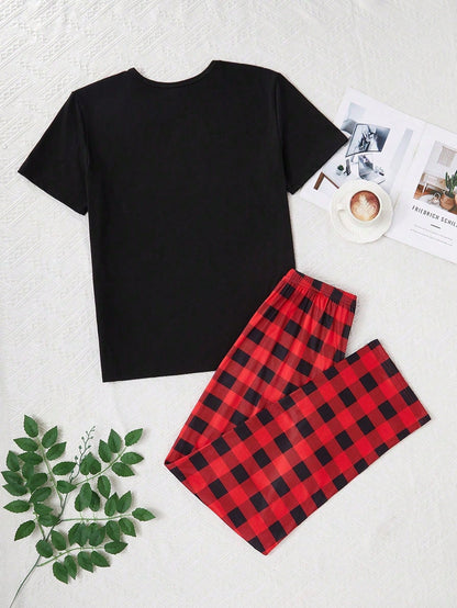 Spider Print Short Sleeve Top And Plaid Pants Men Pajama Set