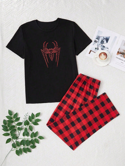 Spider Print Short Sleeve Top And Plaid Pants Men Pajama Set