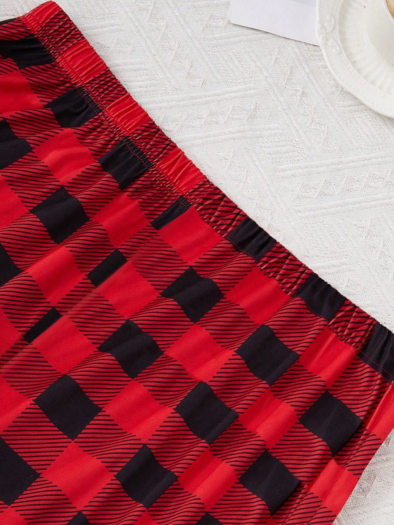 Spider Print Short Sleeve Top And Plaid Pants Men Pajama Set