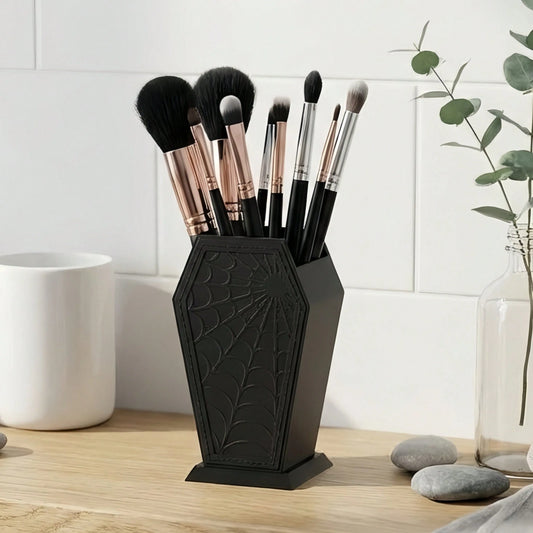 Spider Web Makeup Brush Holder Organizer, Coffin Shaped Gothic Cosmetic Brush Storage Cup, Desktop Pen Pencil Holder, Vanity Decor, Pink/Black