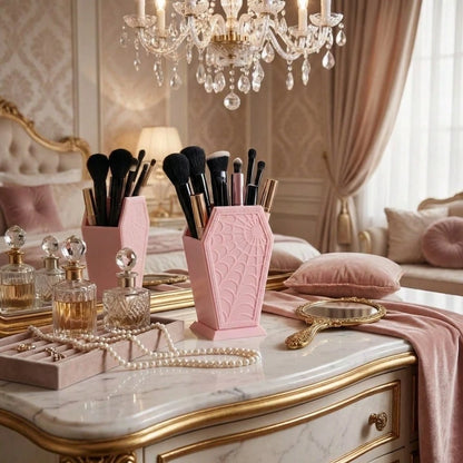 Spider Web Makeup Brush Holder Organizer, Coffin Shaped Gothic Cosmetic Brush Storage Cup, Desktop Pen Pencil Holder, Vanity Decor, Pink/Black