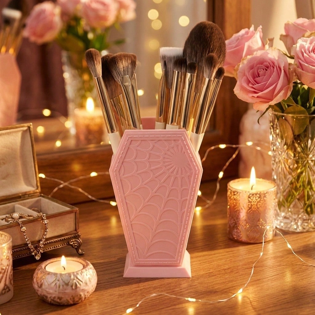 Spider Web Makeup Brush Holder Organizer, Coffin Shaped Gothic Cosmetic Brush Storage Cup, Desktop Pen Pencil Holder, Vanity Decor, Pink/Black