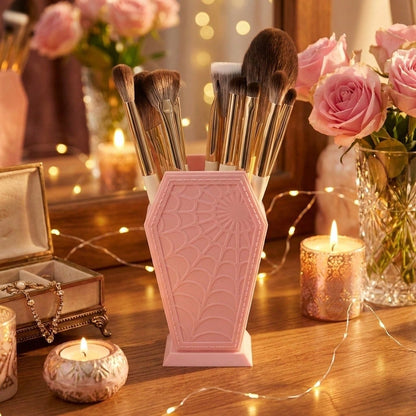Spider Web Makeup Brush Holder Organizer, Coffin Shaped Gothic Cosmetic Brush Storage Cup, Desktop Pen Pencil Holder, Vanity Decor, Pink/Black