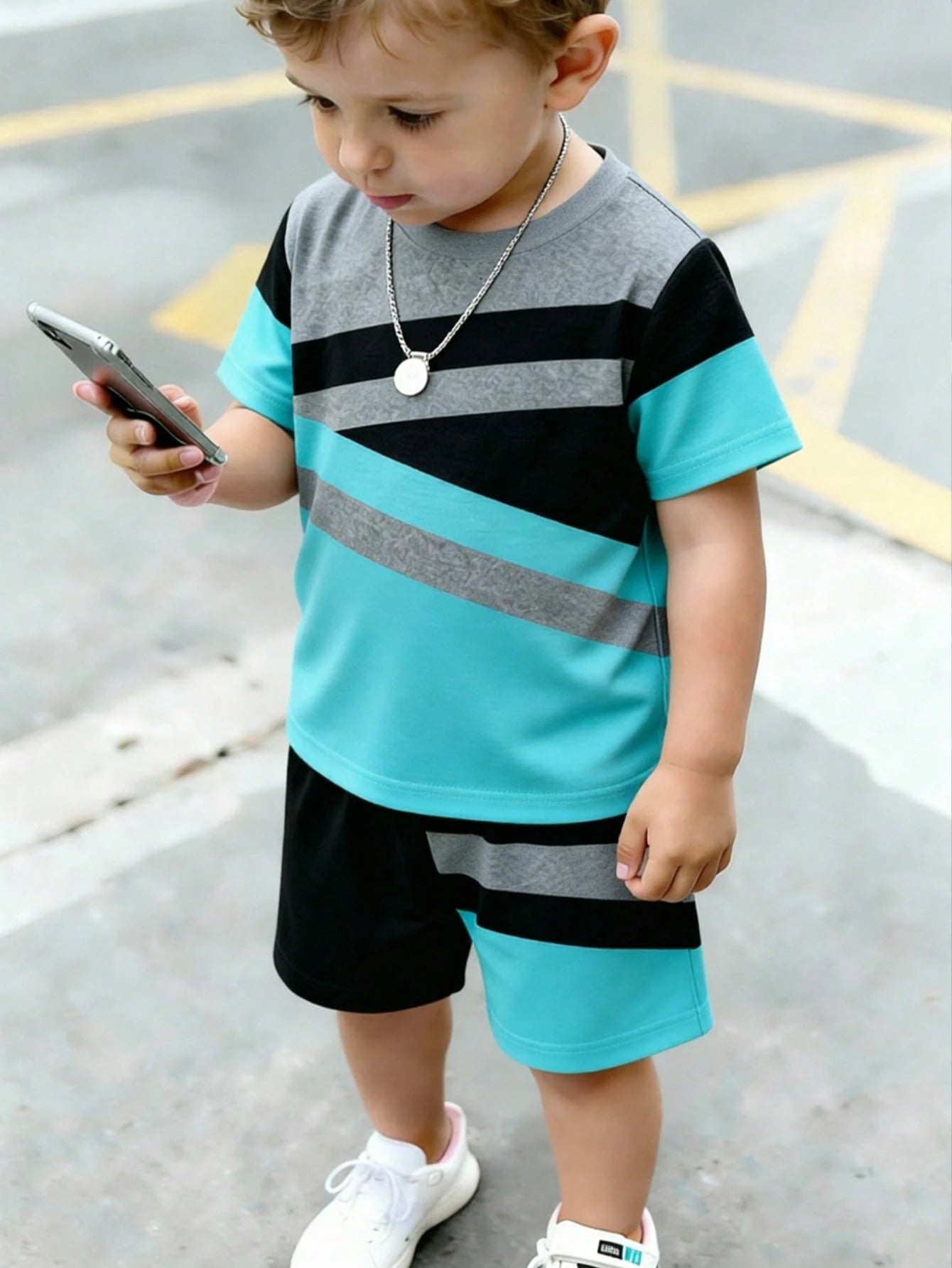 Spring And Summer 2-Piece Outfit For Baby Boys, Casual Stylish Striped Pattern Print Short Sleeve T-Shirt And Shorts Set, Comfortable Daily Wear, Suitable For Spring And Summer