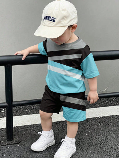 Spring And Summer 2-Piece Outfit For Baby Boys, Casual Stylish Striped Pattern Print Short Sleeve T-Shirt And Shorts Set, Comfortable Daily Wear, Suitable For Spring And Summer