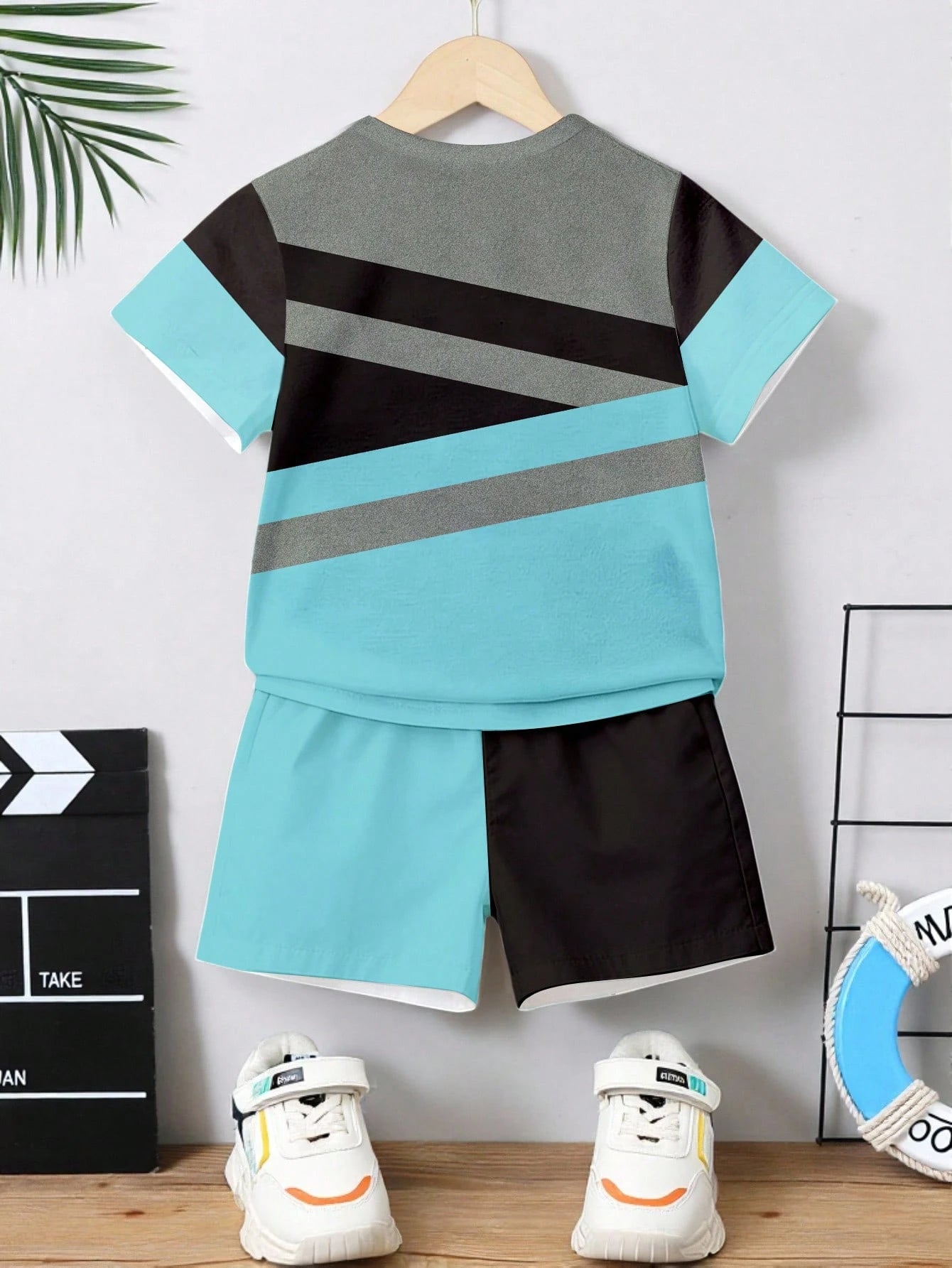 Spring And Summer 2-Piece Outfit For Baby Boys, Casual Stylish Striped Pattern Print Short Sleeve T-Shirt And Shorts Set, Comfortable Daily Wear, Suitable For Spring And Summer
