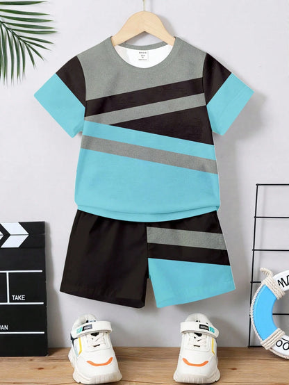 Spring And Summer 2-Piece Outfit For Baby Boys, Casual Stylish Striped Pattern Print Short Sleeve T-Shirt And Shorts Set, Comfortable Daily Wear, Suitable For Spring And Summer