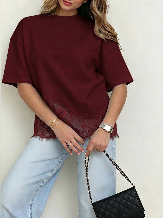 Spring New Solid Color Knit Fabric Lace Patchwork Short Sleeve T-Shirt, Casual, Sports, Office Wear For Spring/Summer, Chic & Elegant