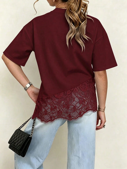Spring New Solid Color Knit Fabric Lace Patchwork Short Sleeve T-Shirt, Casual, Sports, Office Wear For Spring/Summer, Chic & Elegant