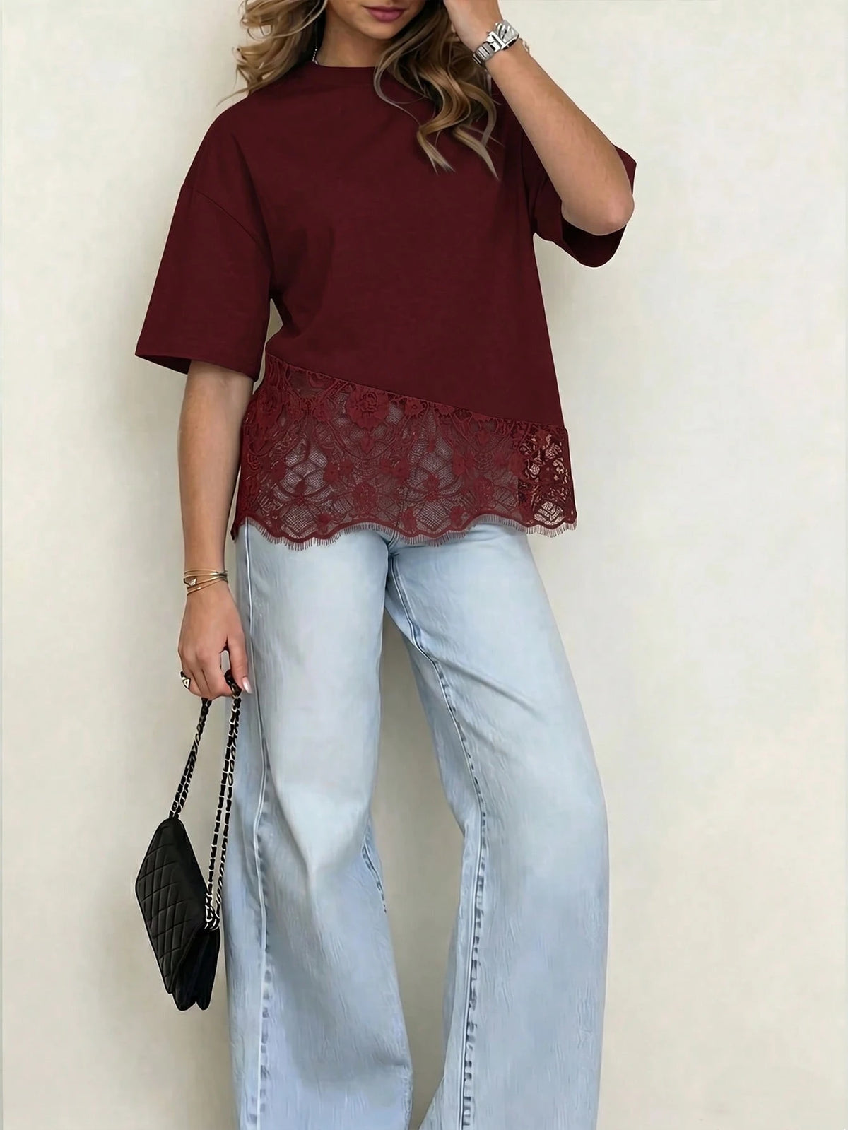 Spring New Solid Color Knit Fabric Lace Patchwork Short Sleeve T-Shirt, Casual, Sports, Office Wear For Spring/Summer, Chic & Elegant