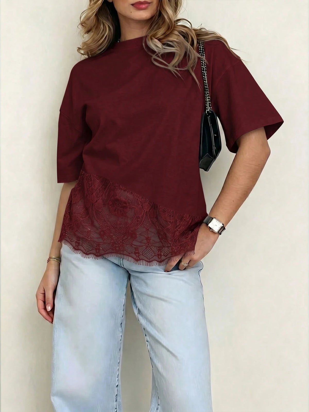 Spring New Solid Color Knit Fabric Lace Patchwork Short Sleeve T-Shirt, Casual, Sports, Office Wear For Spring/Summer, Chic & Elegant