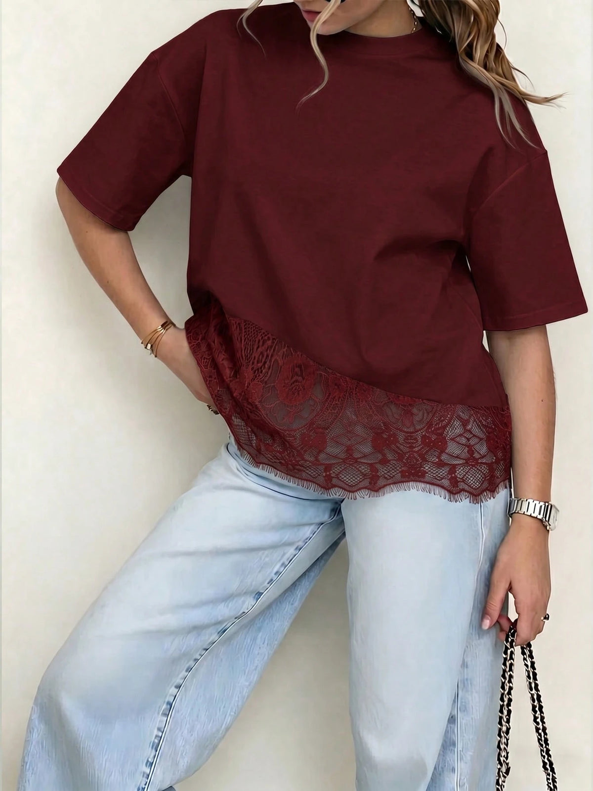 Spring New Solid Color Knit Fabric Lace Patchwork Short Sleeve T-Shirt, Casual, Sports, Office Wear For Spring/Summer, Chic & Elegant