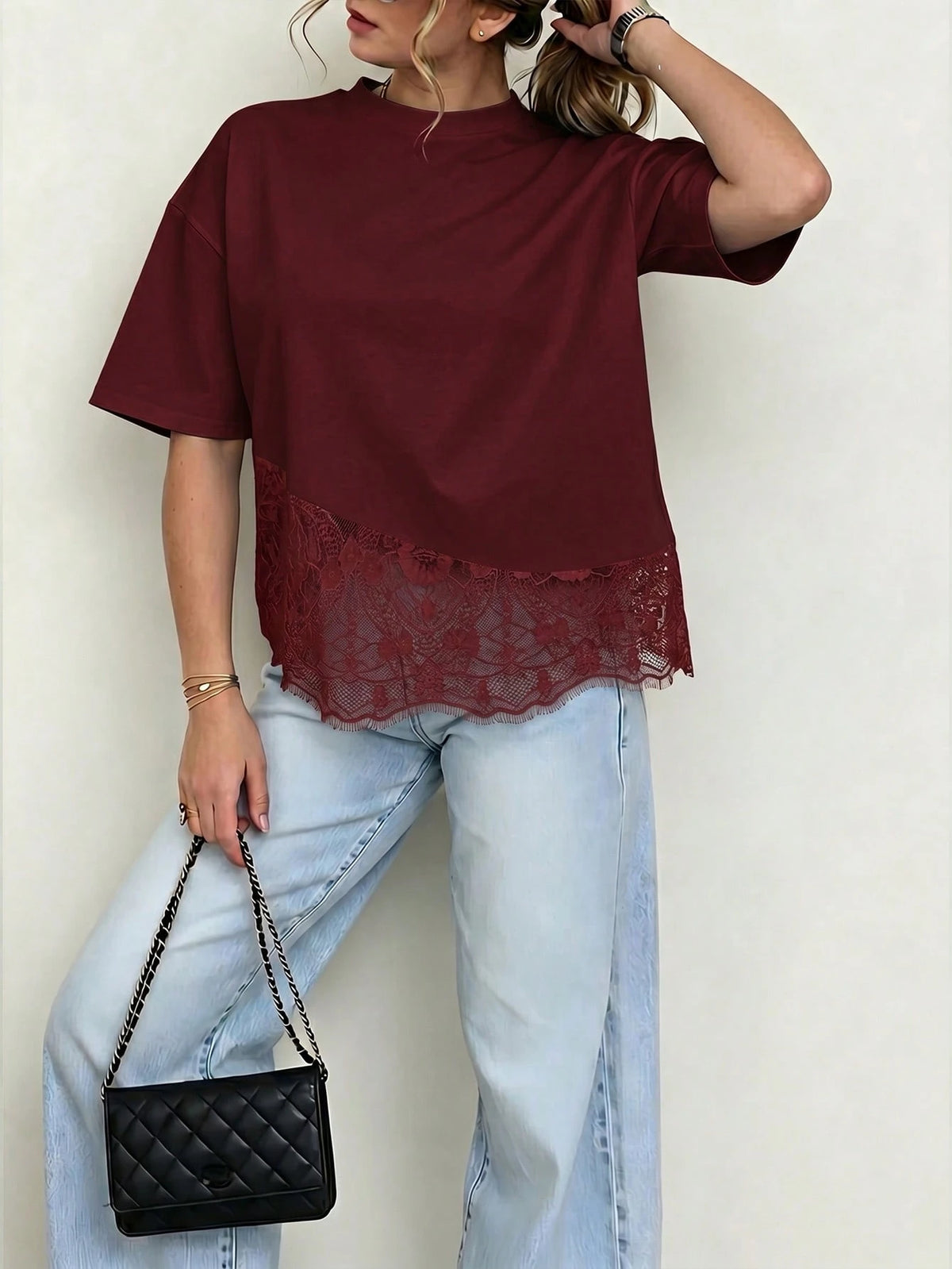 Spring New Solid Color Knit Fabric Lace Patchwork Short Sleeve T-Shirt, Casual, Sports, Office Wear For Spring/Summer, Chic & Elegant