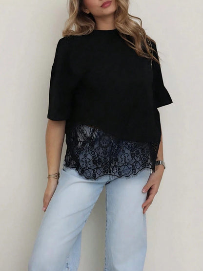 Spring New Solid Color Knit Fabric Lace Patchwork Short Sleeve T-Shirt, Casual, Sports, Office Wear For Spring/Summer, Chic & Elegant