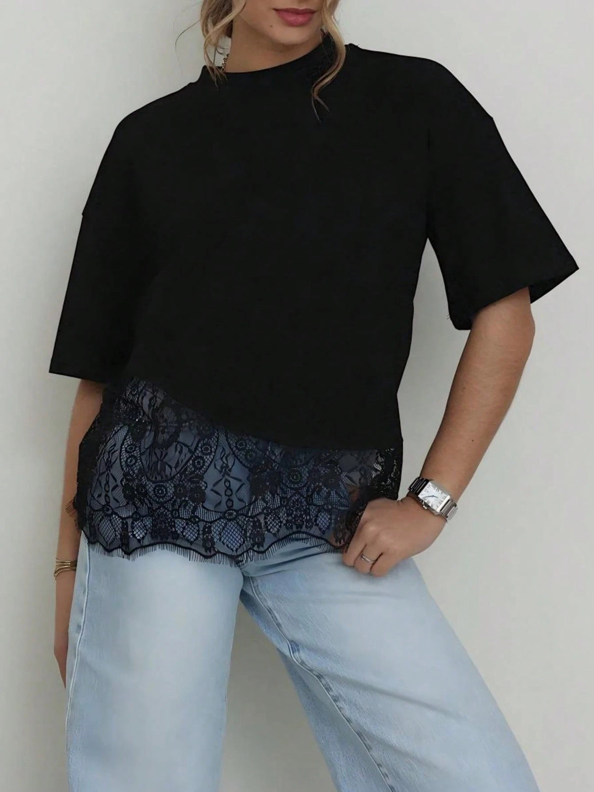Spring New Solid Color Knit Fabric Lace Patchwork Short Sleeve T-Shirt, Casual, Sports, Office Wear For Spring/Summer, Chic & Elegant