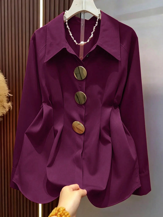 Spring/Summer Burgundy Metal Buckle Raglan Long Sleeve Shirt, Vintage Bohemian Style, Suitable For Wedding, Party, Commute