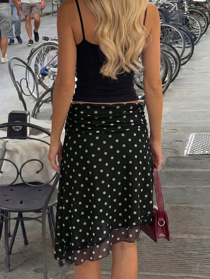 Spring/Summer Women's Casual Versatile Brown & White Polka Dot Mesh High-Waist Slim Fit Double Layer A-Line Midi Drape Skirt