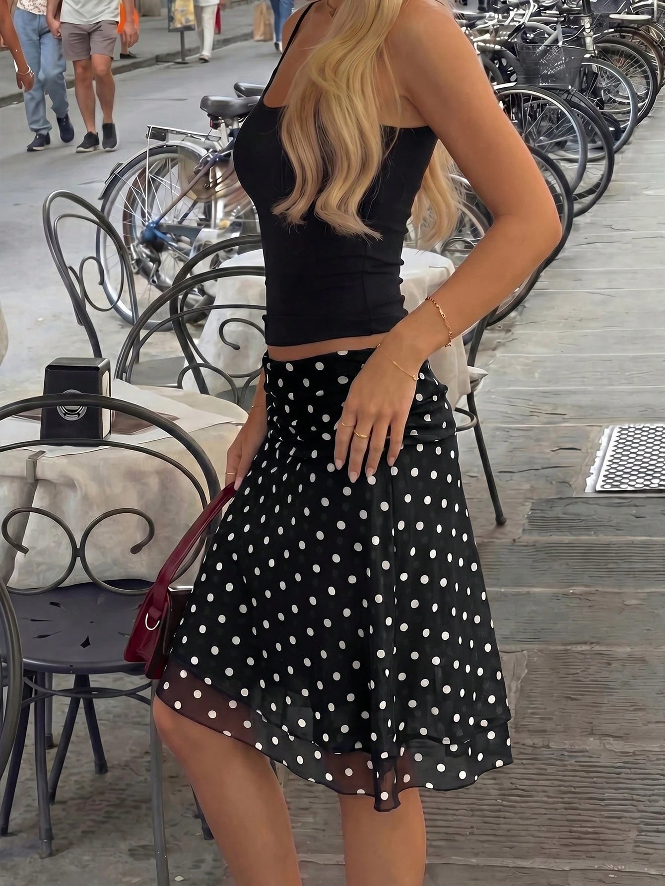 Spring/Summer Women's Casual Versatile Brown & White Polka Dot Mesh High-Waist Slim Fit Double Layer A-Line Midi Drape Skirt