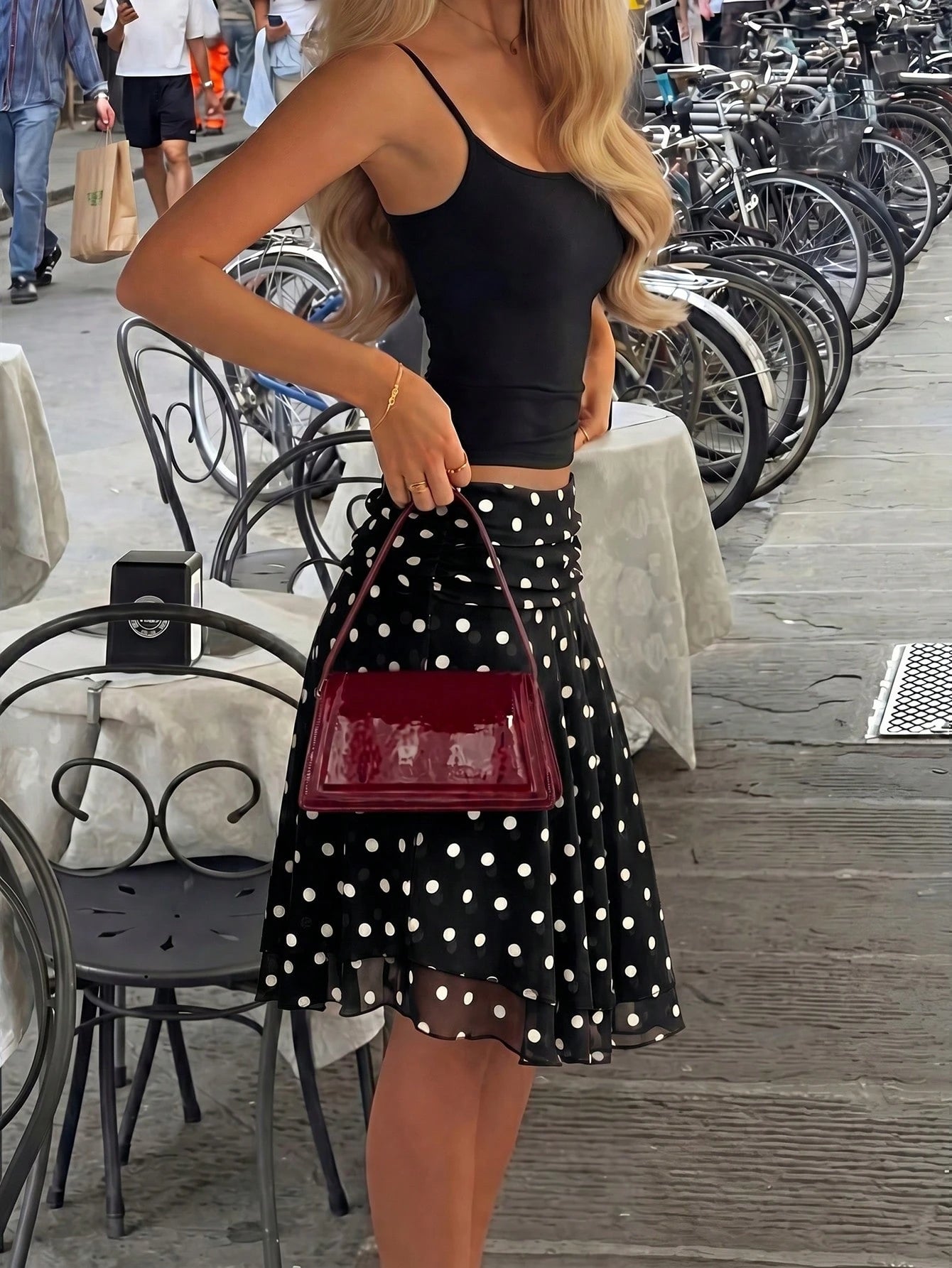 Spring/Summer Women's Casual Versatile Brown & White Polka Dot Mesh High-Waist Slim Fit Double Layer A-Line Midi Drape Skirt