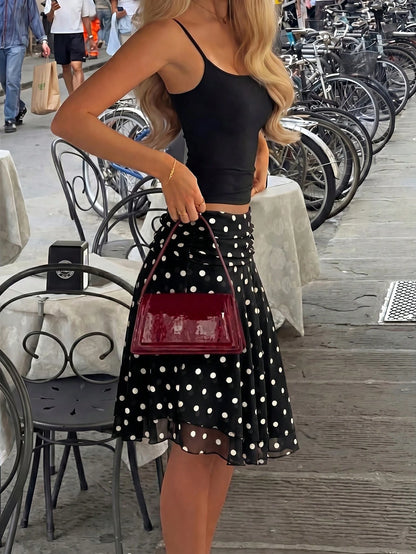 Spring/Summer Women's Casual Versatile Brown & White Polka Dot Mesh High-Waist Slim Fit Double Layer A-Line Midi Drape Skirt