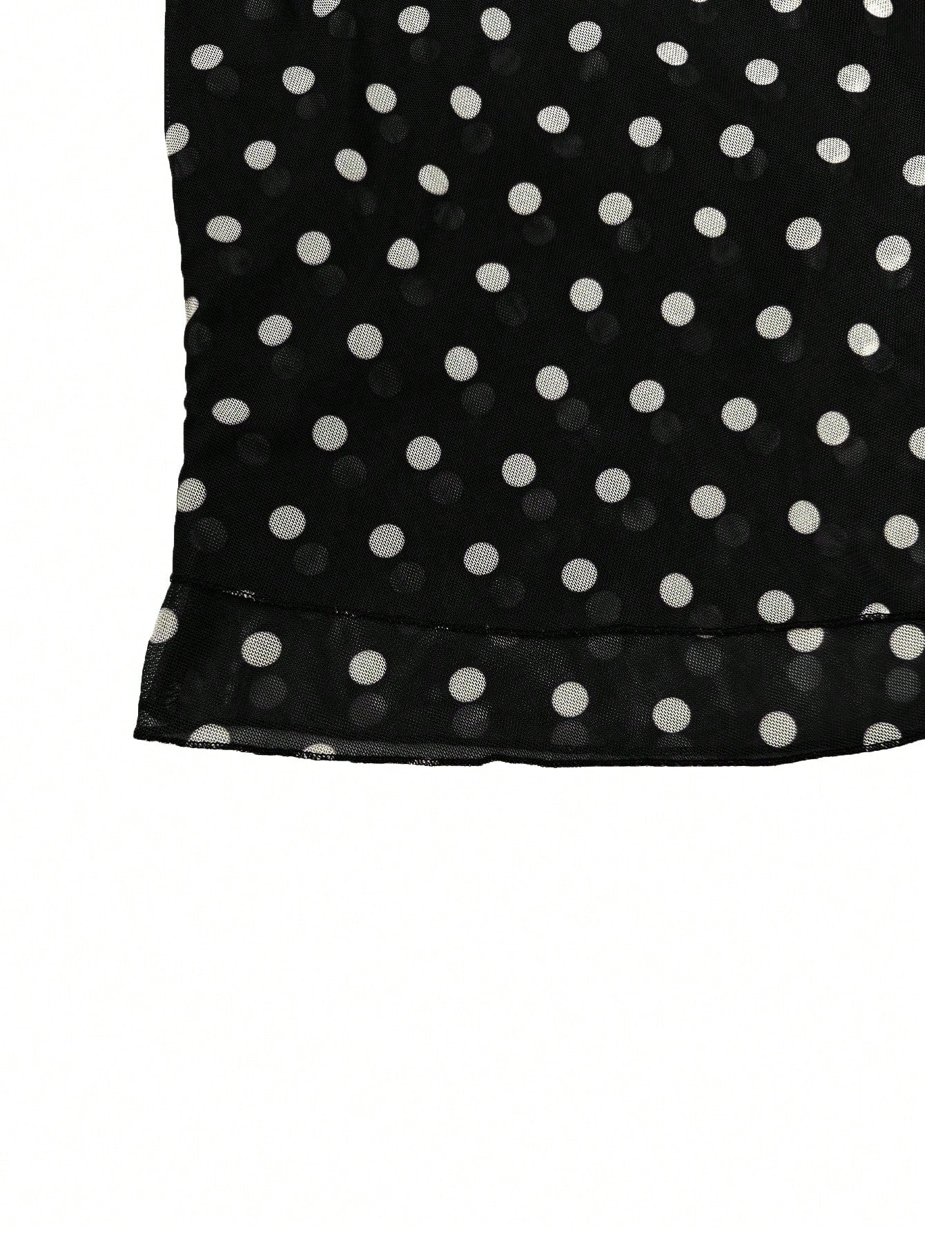 Spring/Summer Women's Casual Versatile Brown & White Polka Dot Mesh High-Waist Slim Fit Double Layer A-Line Midi Drape Skirt