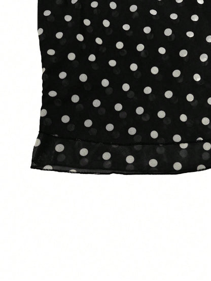 Spring/Summer Women's Casual Versatile Brown & White Polka Dot Mesh High-Waist Slim Fit Double Layer A-Line Midi Drape Skirt