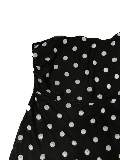 Spring/Summer Women's Casual Versatile Brown & White Polka Dot Mesh High-Waist Slim Fit Double Layer A-Line Midi Drape Skirt