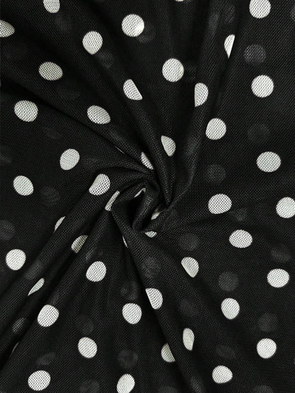 Spring/Summer Women's Casual Versatile Brown & White Polka Dot Mesh High-Waist Slim Fit Double Layer A-Line Midi Drape Skirt