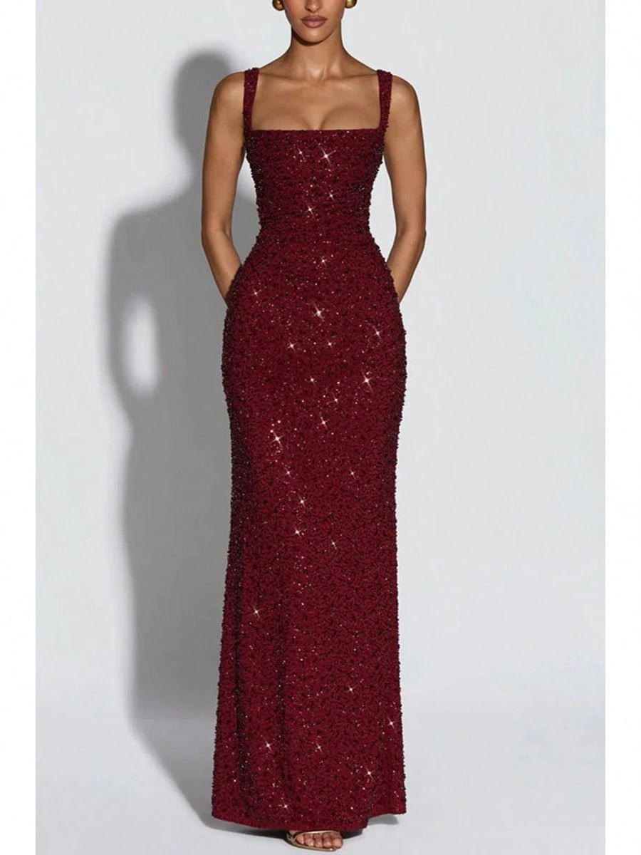 Square Strap Glitter Maxi Dress, Elegant Glam Formal, Slim Mermaid Floor Fit, Homecoming & Formal Banquet, Allover Dense Glitter Fabric Solid Wine Red