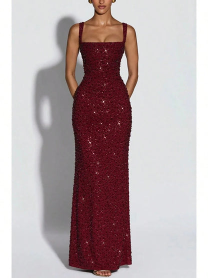 Square Strap Glitter Maxi Dress, Elegant Glam Formal, Slim Mermaid Floor Fit, Homecoming & Formal Banquet, Allover Dense Glitter Fabric Solid Wine Red