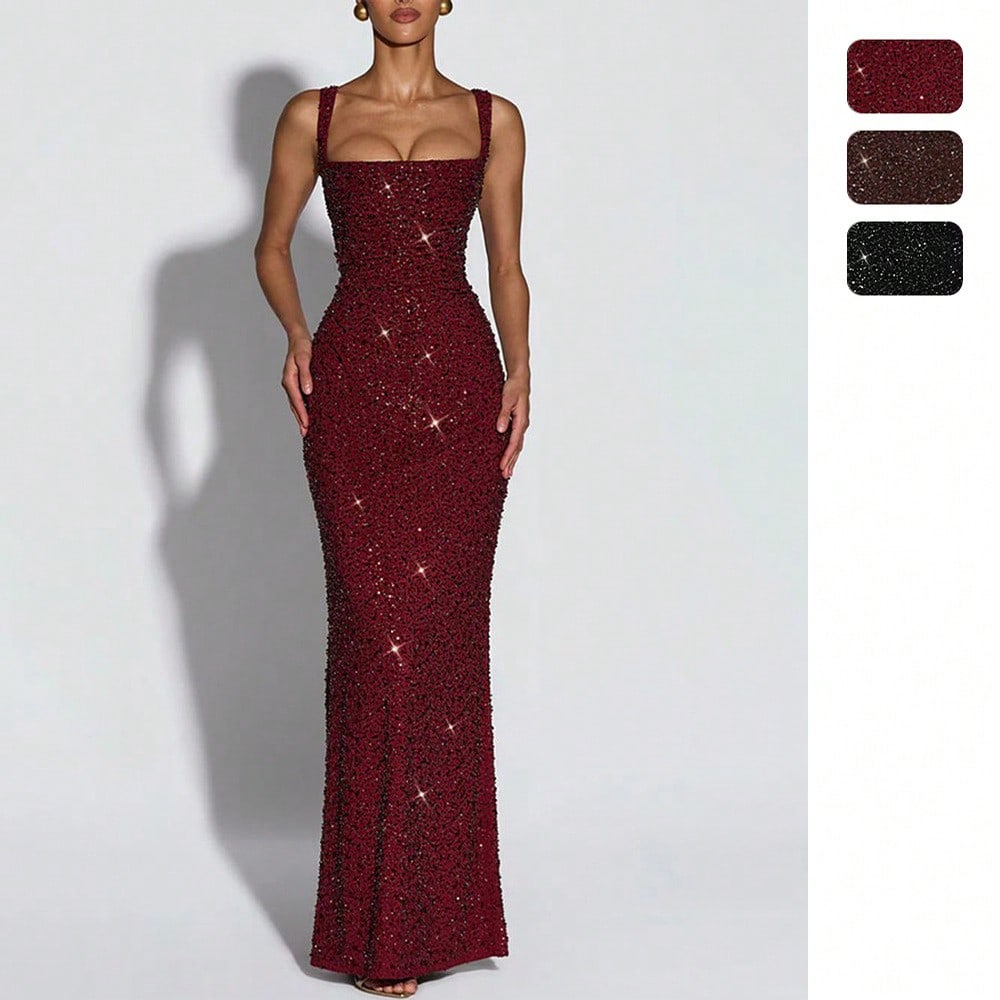 Square Strap Glitter Maxi Dress, Elegant Glam Formal, Slim Mermaid Floor Fit, Homecoming & Formal Banquet, Allover Dense Glitter Fabric Solid Wine Red