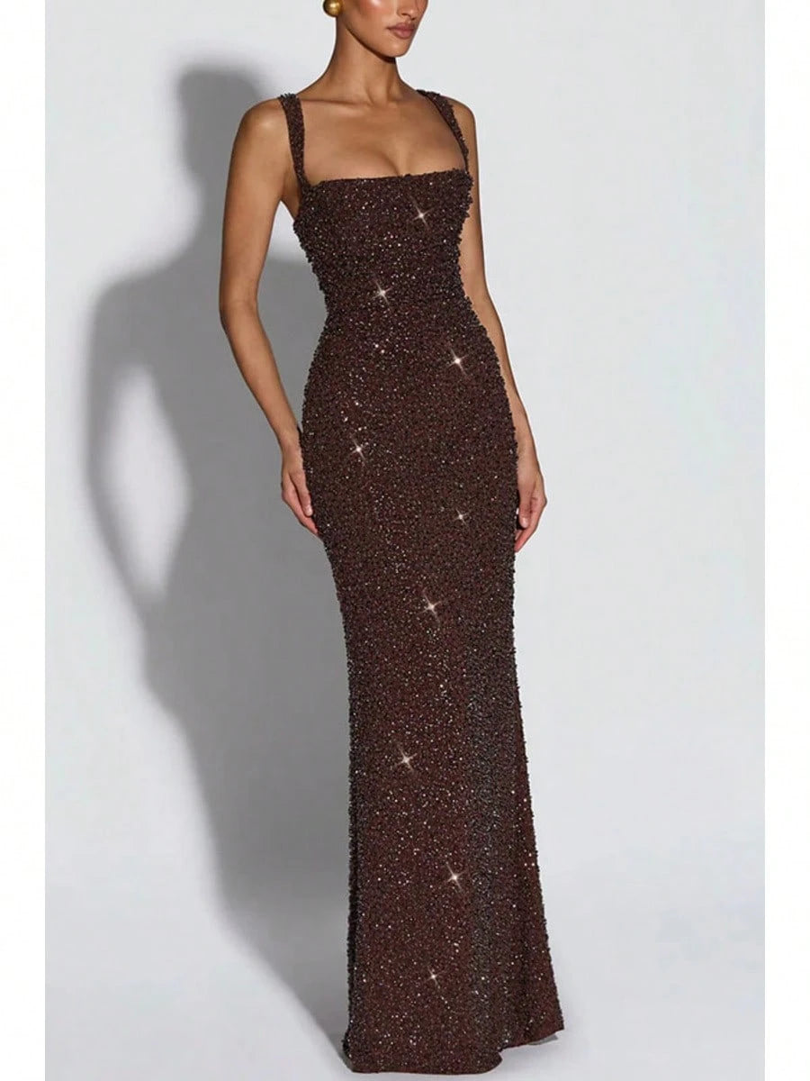 Square Strap Glitter Maxi Dress, Elegant Glam Formal, Slim Mermaid Floor Fit, Homecoming & Formal Banquet, Allover Dense Glitter Fabric Solid Wine Red