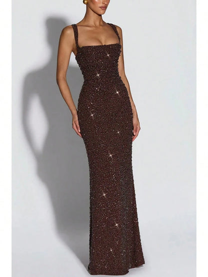 Square Strap Glitter Maxi Dress, Elegant Glam Formal, Slim Mermaid Floor Fit, Homecoming & Formal Banquet, Allover Dense Glitter Fabric Solid Wine Red