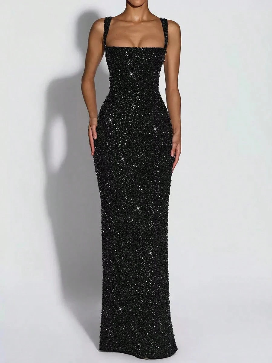 Square Strap Glitter Maxi Dress, Elegant Glam Formal, Slim Mermaid Floor Fit, Homecoming & Formal Banquet, Allover Dense Glitter Fabric Solid Wine Red