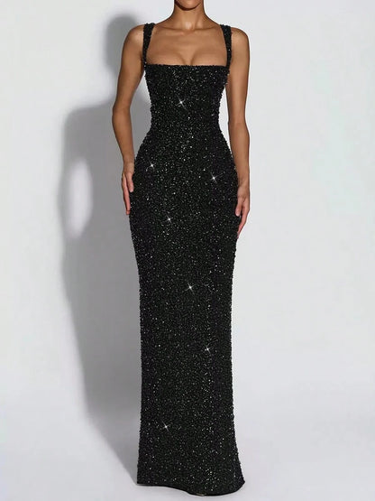 Square Strap Glitter Maxi Dress, Elegant Glam Formal, Slim Mermaid Floor Fit, Homecoming & Formal Banquet, Allover Dense Glitter Fabric Solid Wine Red