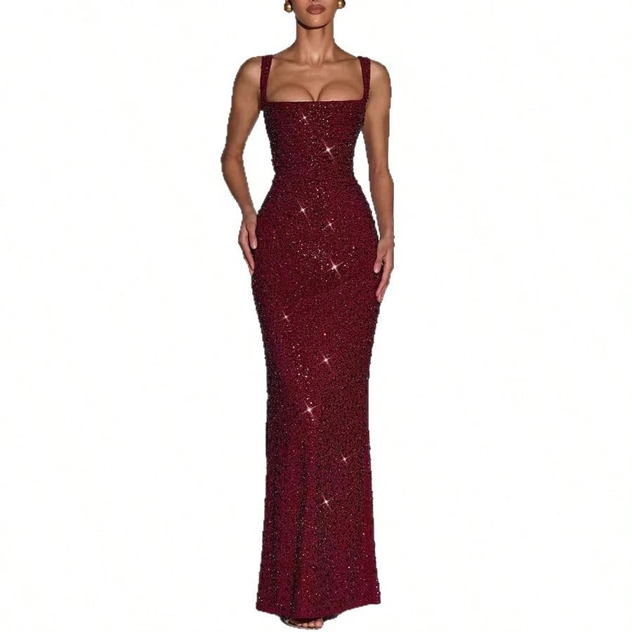 Square Strap Glitter Maxi Dress, Elegant Glam Formal, Slim Mermaid Floor Fit, Homecoming & Formal Banquet, Allover Dense Glitter Fabric Solid Wine Red