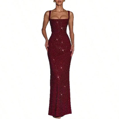 Square Strap Glitter Maxi Dress, Elegant Glam Formal, Slim Mermaid Floor Fit, Homecoming & Formal Banquet, Allover Dense Glitter Fabric Solid Wine Red