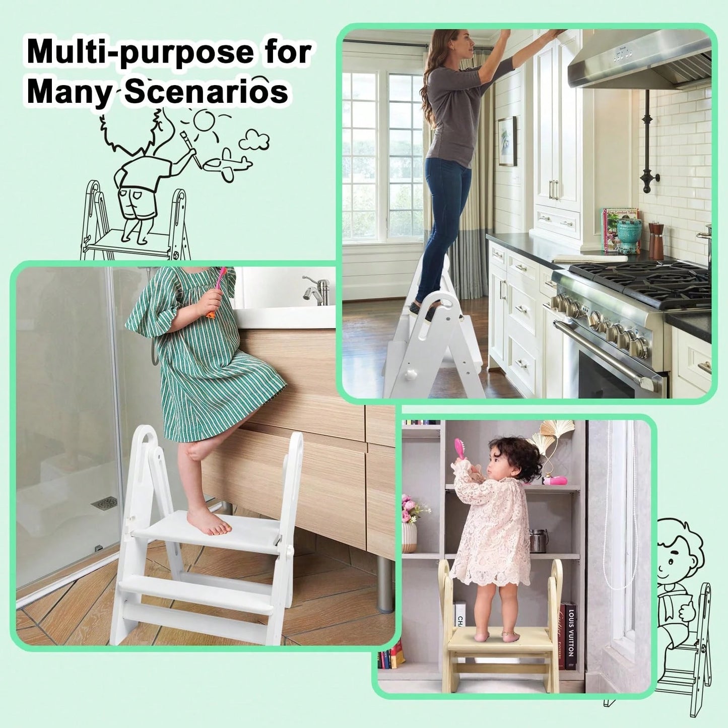 Step Stool Foldable For Toddlers, Adjustable Kids Step Stool For Bathroom Sink Toilet Potty Training Stool With Handles Child Kitchen Counter