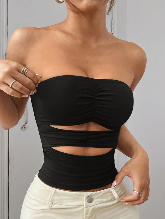 StreetHx Women's Black Strapless Wavy Hollow Out Slim Fit Top,Ladies Ruched Cut Out Plain Tops,Party Nightclub Outfits,Summer Techno Club Rave Outfits