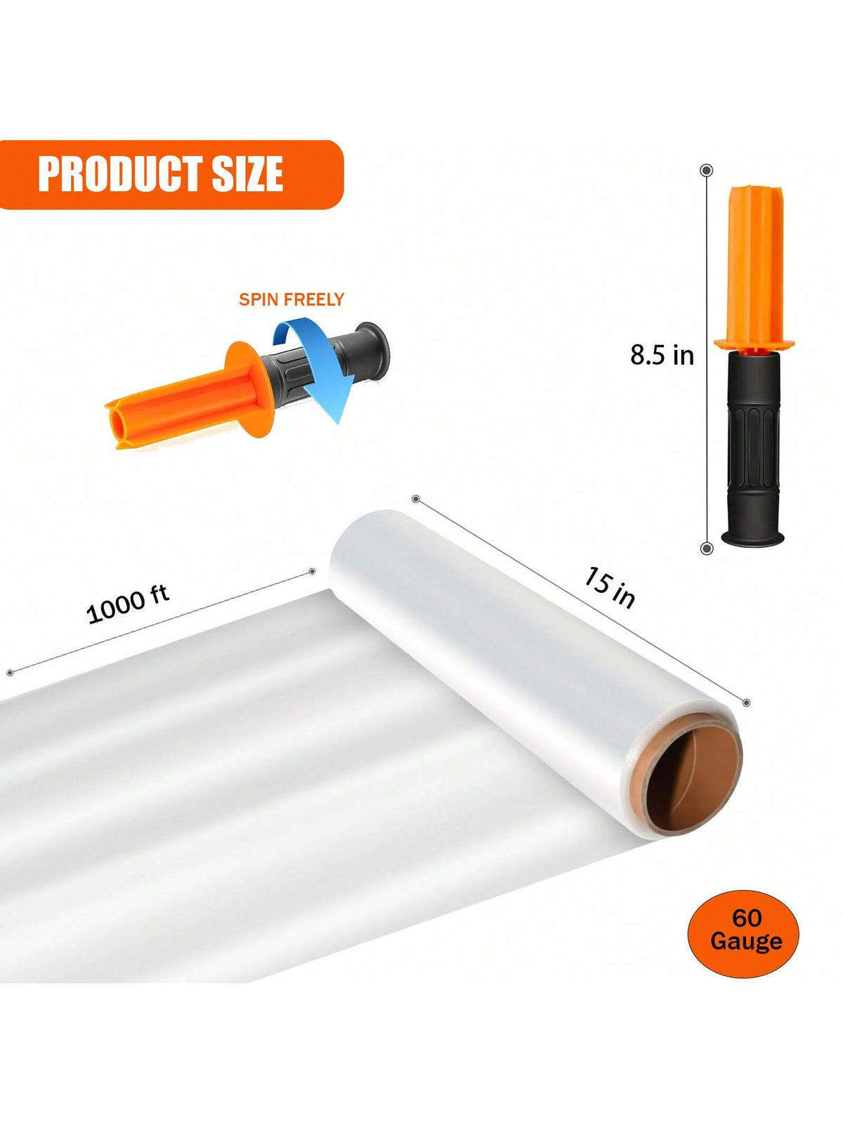 Stretch Film, 15 Inch X 1000 Feet Shrink Wrap For Pallet Wrap, Industrial Strength Stretch Wrap With Handles, Moving Wrapping Plastic Roll, 60 Gauge
