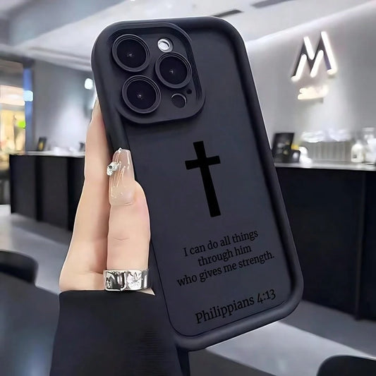 Stylish Minimalist Cross Christian Pattern Phone Case, Soft Black Silicone, Fully Protected And Shockproof For IPhone 17 16 15 Pro Max 14 13 12 11 X Plus,Suitable For IPhone17 Air