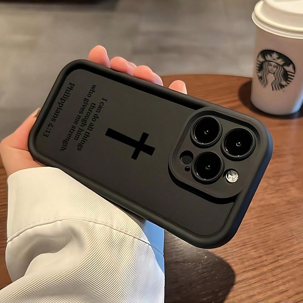 Stylish Minimalist Cross Christian Pattern Phone Case, Soft Black Silicone, Fully Protected And Shockproof For IPhone 17 16 15 Pro Max 14 13 12 11 X Plus,Suitable For IPhone17 Air