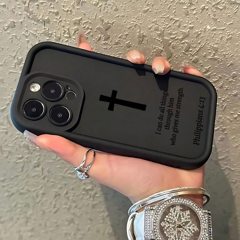 Stylish Minimalist Cross Christian Pattern Phone Case, Soft Black Silicone, Fully Protected And Shockproof For IPhone 17 16 15 Pro Max 14 13 12 11 X Plus,Suitable For IPhone17 Air