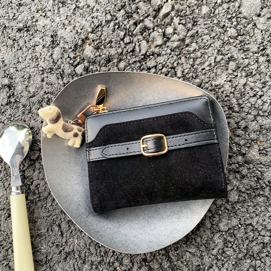 Suede Patchwork Puppy Pendant Women's Bifold Leather Wallet With Simple Belt,Mini Pouch